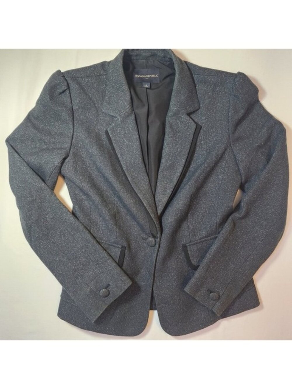 Banana Republic Women Grey Textured‎ Blazer Grosgrain Trim Cinched Back Size 6